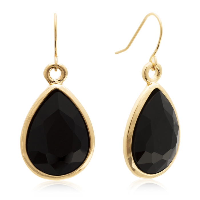 18 Carat Pear Shape Black Onyx Crystal Earrings, Gold Overlay by Adoriana