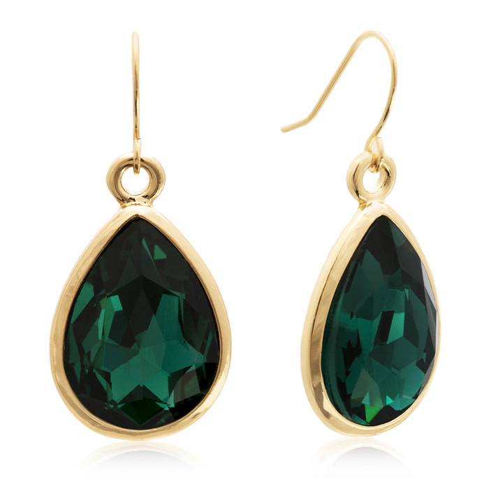 18 Carat Pear Shape Emerald Crystal Earrings, Gold Overlay by Adoriana