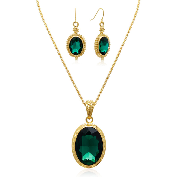 Regal 20 Carat Oval Shape Crystal Emerald Necklace w/ Free Matching Earrings by Adoriana