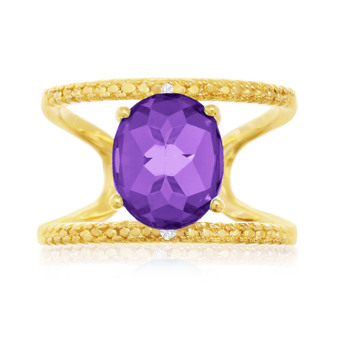 3 Carat Amethyst & Diamond Open Shank Ring in 14K Yellow Gold Over Sterling Silver,  by SuperJeweler