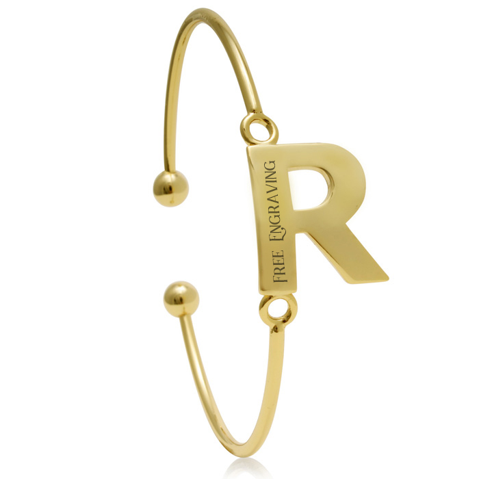 FREE ENGRAVING "R" Initial Bangle Bracelet in Yellow Gold, 7 Inch by SuperJeweler