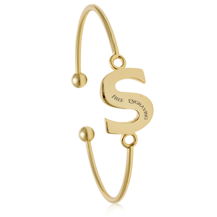 FREE ENGRAVING "S" Initial Bangle Bracelet in Yellow Gold, 7 Inch by SuperJeweler