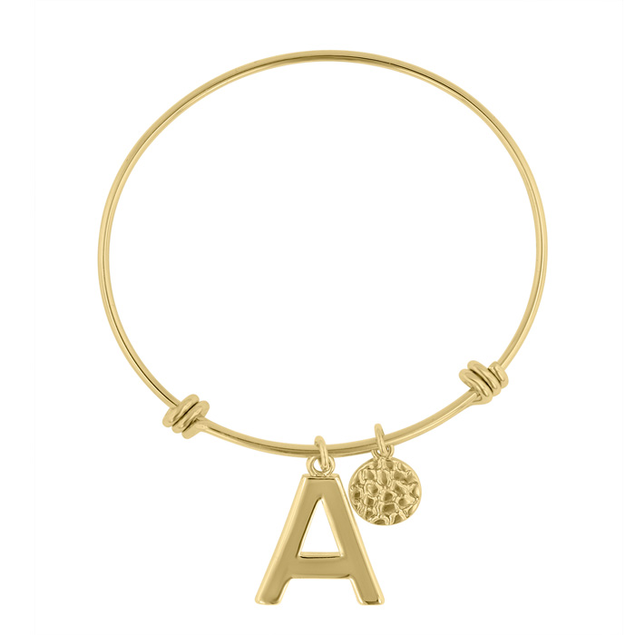 "A" Initial Expandable Wire Bangle Bracelet in Yellow Gold, 7 Inch by SuperJeweler