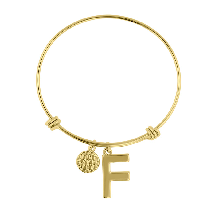 "F" Initial Expandable Wire Bangle Bracelet in Yellow Gold, 7 Inch by SuperJeweler