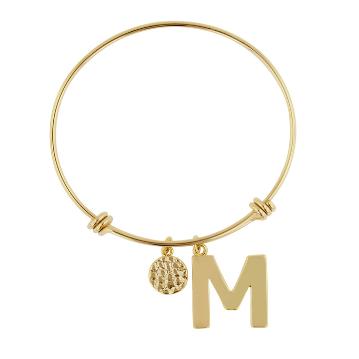 "M" Initial Expandable Wire Bangle Bracelet in Yellow Gold, 7 Inch by SuperJeweler