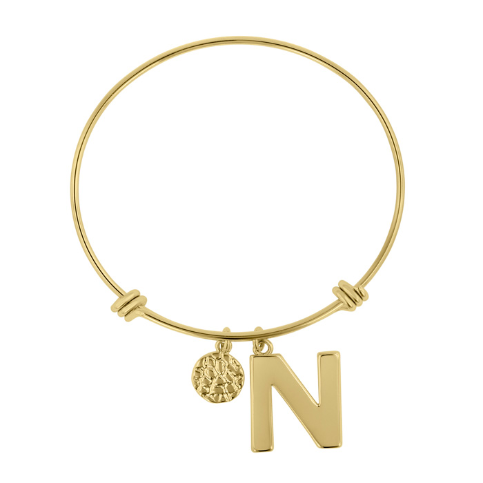 "N" Initial Expandable Wire Bangle Bracelet in Yellow Gold, 7 Inch by SuperJeweler