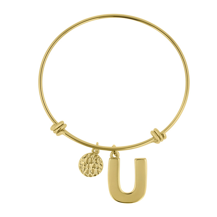 "U" Initial Expandable Wire Bangle Bracelet in Yellow Gold, 7 Inch by SuperJeweler