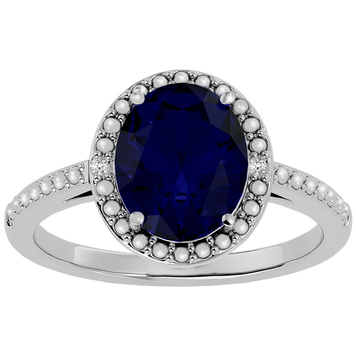3 1/2 Carat Oval Shape Sapphire & Halo 2 Diamond Ring in Sterling Silver Size 5 by SuperJeweler