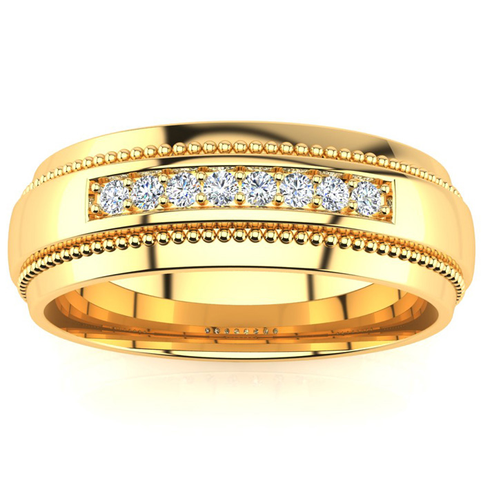 7mm Diamond Men's Satin Finished Milgrain Wedding Band in Yellow Gold (8 g), G/H Color by SuperJeweler