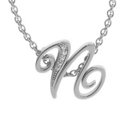 Letter N Diamond Initial Necklace in White Gold (2.2 g) w/ 6 Diamonds, , 18 Inch Chain by SuperJeweler