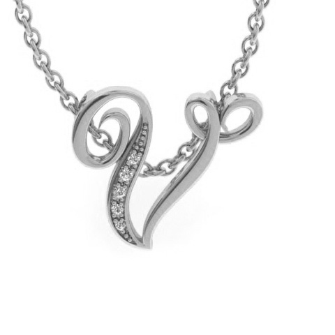 Letter V Diamond Initial Necklace in White Gold (2.2 g) w/ 6 Diamonds, , 18 Inch Chain by SuperJeweler