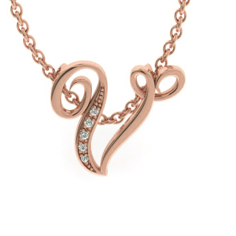 Letter V Diamond Initial Necklace in Rose Gold (2.2 g) w/ 6 Diamonds, , 18 Inch Chain by SuperJeweler