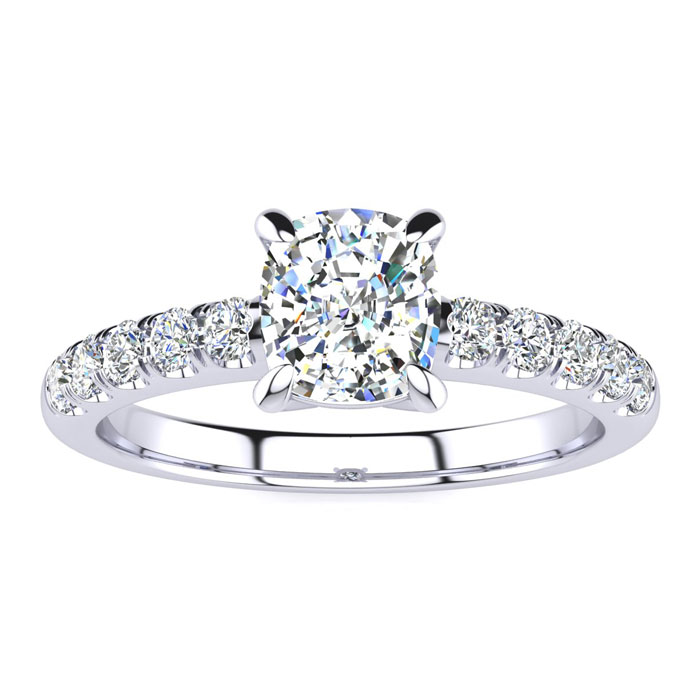 1 1/3 Carat Traditional Diamond Engagement Ring w/ 1 Carat Center Cushion Cut Solitaire in White Gold (4.5 g) (  I1-I2 Clarity Enhanced)  Size 5 by SuperJeweler