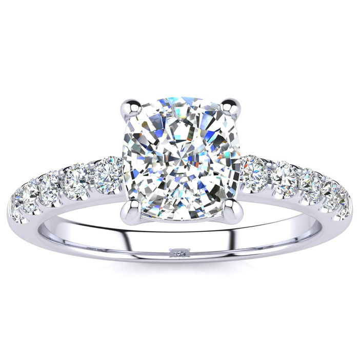 1 3/4 Carat Traditional Diamond Engagement Ring w/ 1.5 Carat Center Cushion Cut Solitaire in White Gold (4.5 g) (