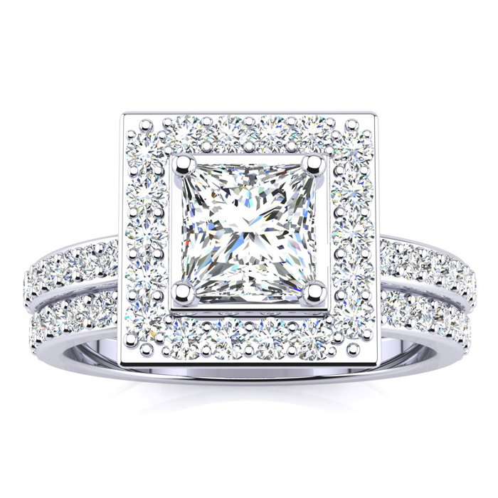 2 Carat Princess Cut Halo Diamond Bridal Engagement Ring Set in 14k White Gold (7 g) (  I1-I2 Clarity Enhanced)  Size 9.5 by SuperJeweler