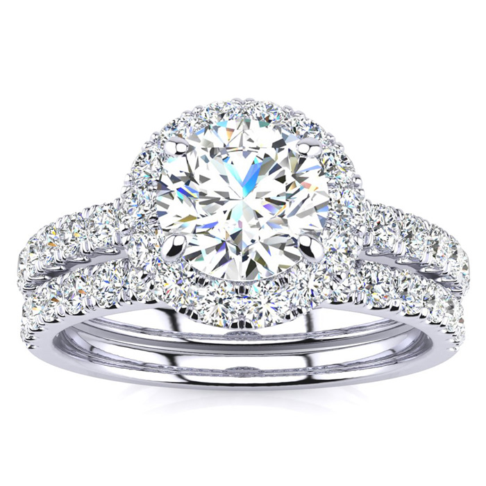 2 Carat Round Floating Halo Diamond Bridal Engagement Ring Set in