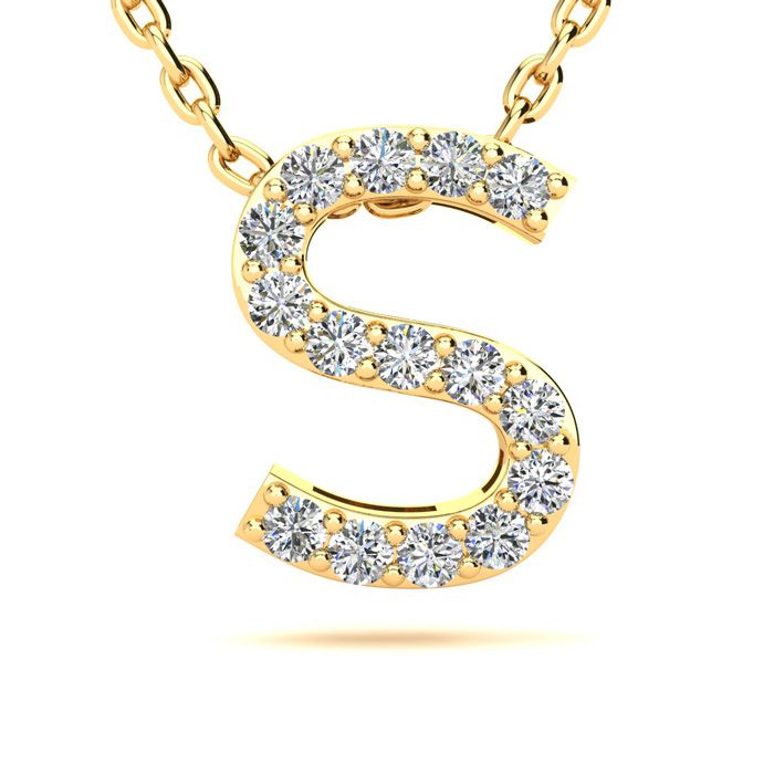 Letter S Diamond Initial Necklace in 14K Yellow Gold (2.4 g) w/ 13 Diamonds, , 18 Inch Chain by SuperJeweler