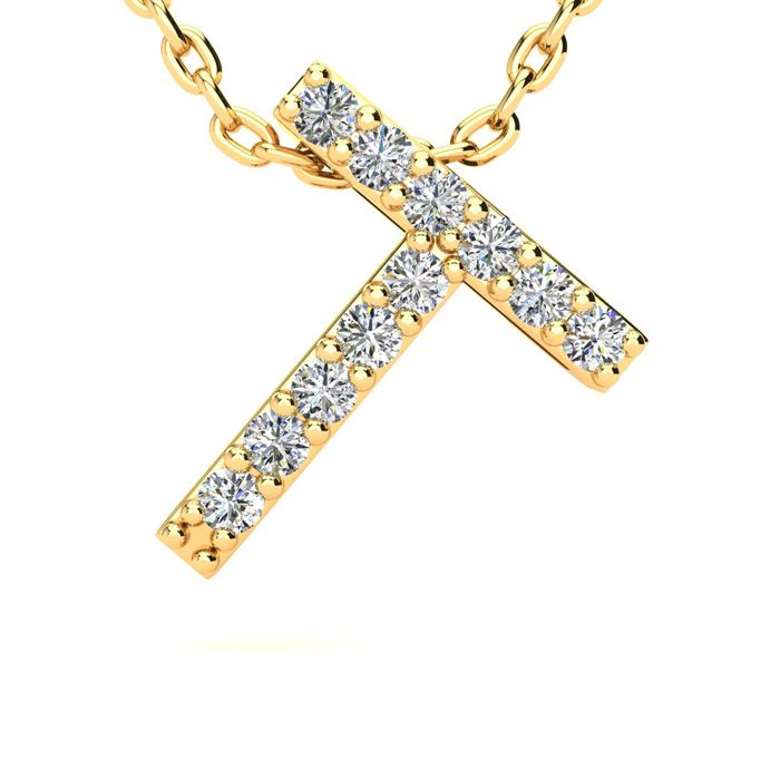 Letter T Diamond Initial Necklace in 14K Yellow Gold (2.4 g) w/ 13 Diamonds, , 18 Inch Chain by SuperJeweler