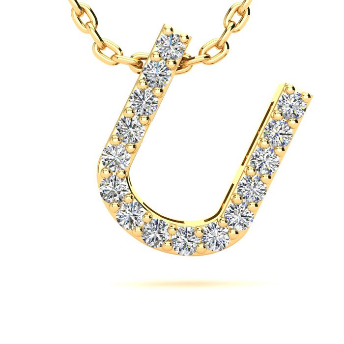 Letter U Diamond Initial Necklace in 14K Yellow Gold (2.4 g) w/ 13 Diamonds, , 18 Inch Chain by SuperJeweler