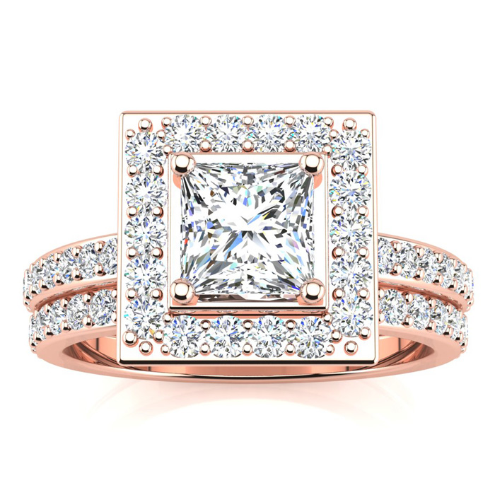 2 Carat Princess Cut Halo Diamond Bridal Engagement Ring Set in 14k Rose Gold (7 g) (  I1-I2 Clarity Enhanced)  Size 6.5 by SuperJeweler