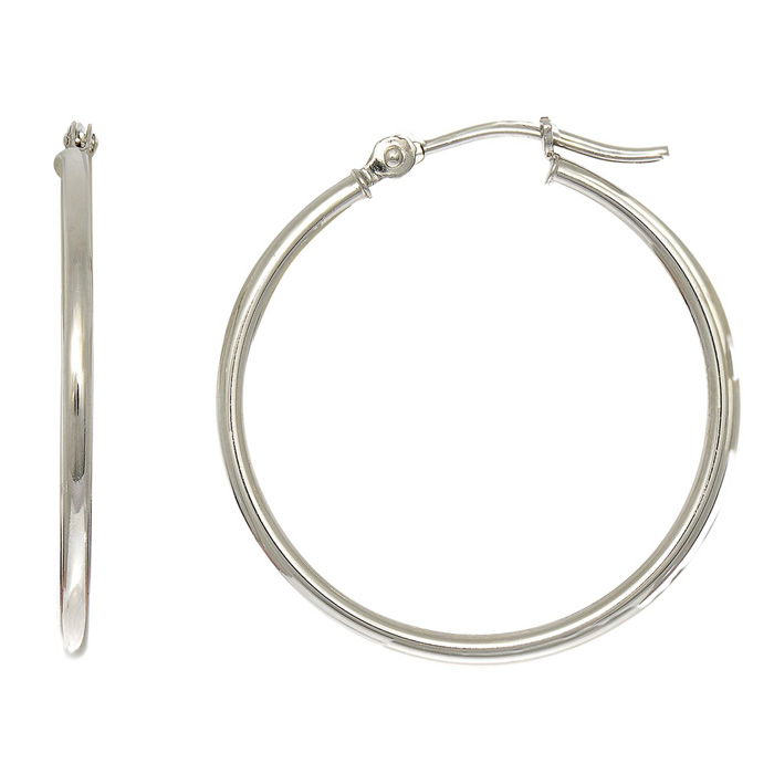 14K White Gold (1.15 G) Polish Finished 25mm Hoop Earrings W/ Hinge W/ Notched Closure By SuperJeweler