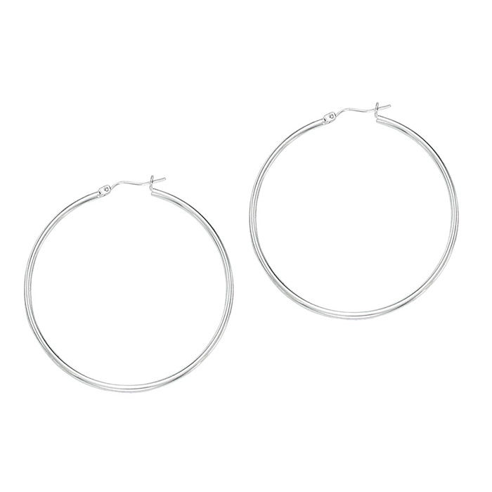 14K White Gold (3.20 g) Polish Finished 60mm Hoop Earrings w/ Hinge w/ Notched Closure by SuperJeweler