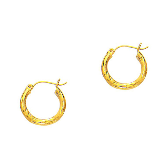 14K Yellow Gold (1.30 g) Polish Finished 15mm Diamond Cut Hoop Earrings w/ Hinge w/ Notched Closure by SuperJeweler