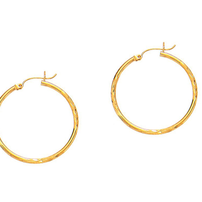 14K Yellow Gold (1.50 g) Polish Finished 30mm Diamond Cut Hoop Earrings w/ Hinge w/ Notched Closure by SuperJeweler