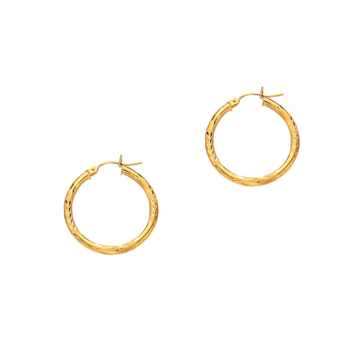 14K Yellow Gold (1.70 g) Polish Finished 25mm Diamond Cut Hoop Earrings w/ Hinge w/ Notched Closure by SuperJeweler