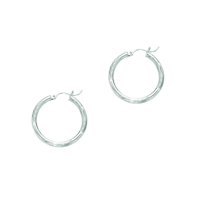 14K White Gold (1.80 g) Polish Finished 25mm Diamond Cut Hoop Earrings w/ Hinge w/ Notched Closure by SuperJeweler