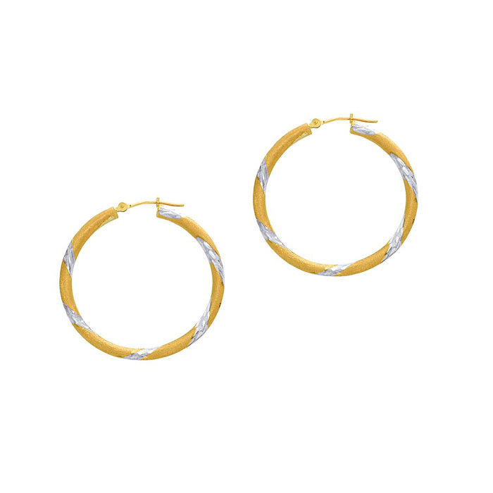 14K Yellow & White Gold (2 G) Polish Finished 30mm Diamond Cut Hoop Earrings W/ Hinge W/ Notched Closure By SuperJeweler