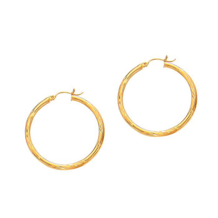 14K Yellow Gold (2.30 g) Polish Finished 35mm Diamond Cut Hoop Earrings w/ Hinge w/ Notched Closure by SuperJeweler