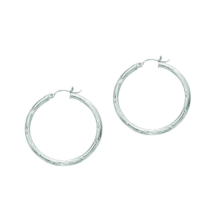 14K White Gold (2.30 g) Polish Finished 35mm Diamond Cut Hoop Earrings w/ Hinge w/ Notched Closure by SuperJeweler