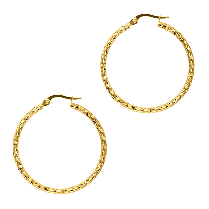 14K Yellow Gold (1.80 g) Polish Finished 27mm etched Hoop Earrings w/ Hinge w/ Notched Closure by SuperJeweler