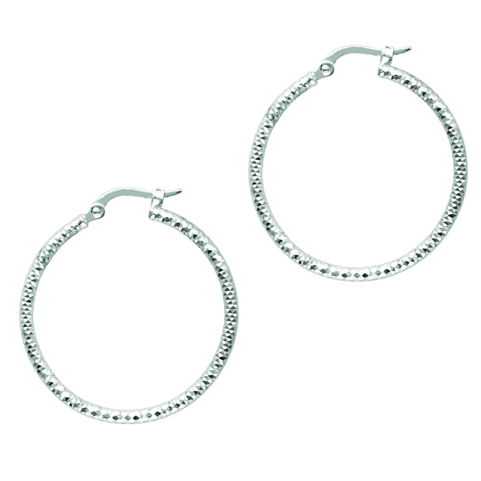 14K White Gold (2.30 g) Polish Finished 25mm Etched Hoop Earrings w/ Hinge w/ Notched Closure by SuperJeweler