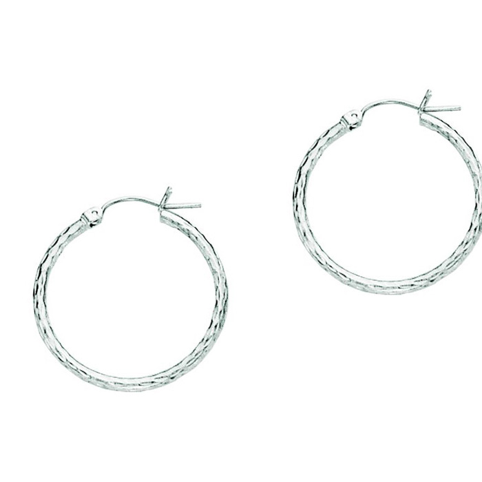 14K White Gold (1.30 g) Polish Finished 25mm Etched Hoop Earrings w/ Hinge w/ Notched Closure by SuperJeweler