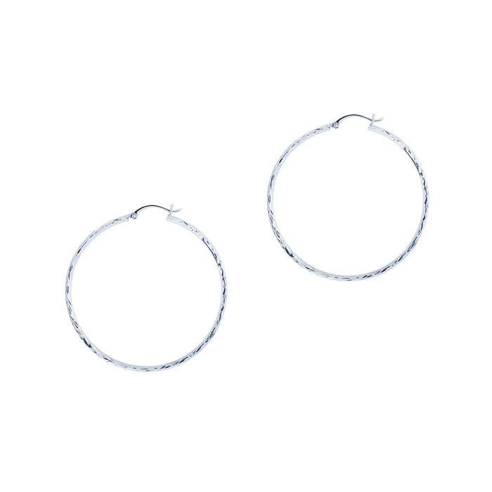 14K White Gold (1.40 g) Polish Finished 30mm Etched Hoop Earrings w/ Hinge w/ Notched Closure by SuperJeweler