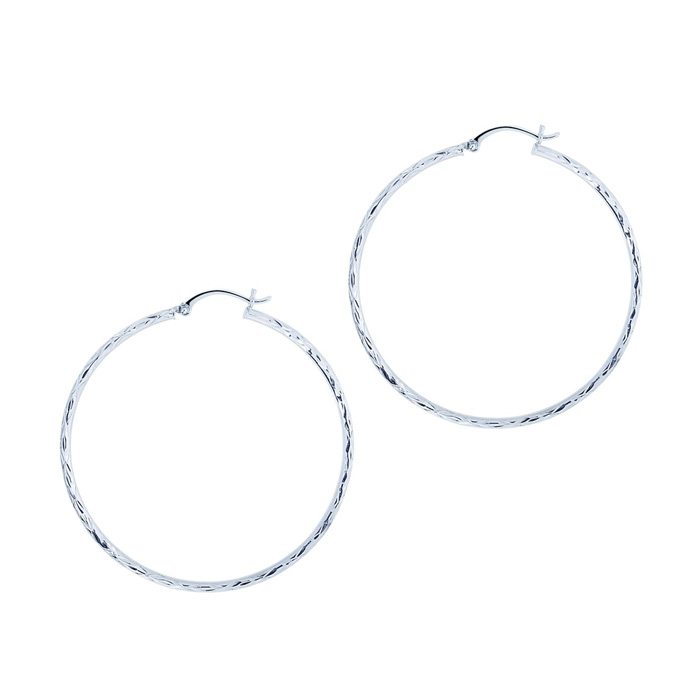 14K White Gold (2.10 g) Polish Finished 45mm Etched Hoop Earrings w/ Hinge w/ Notched Closure by SuperJeweler