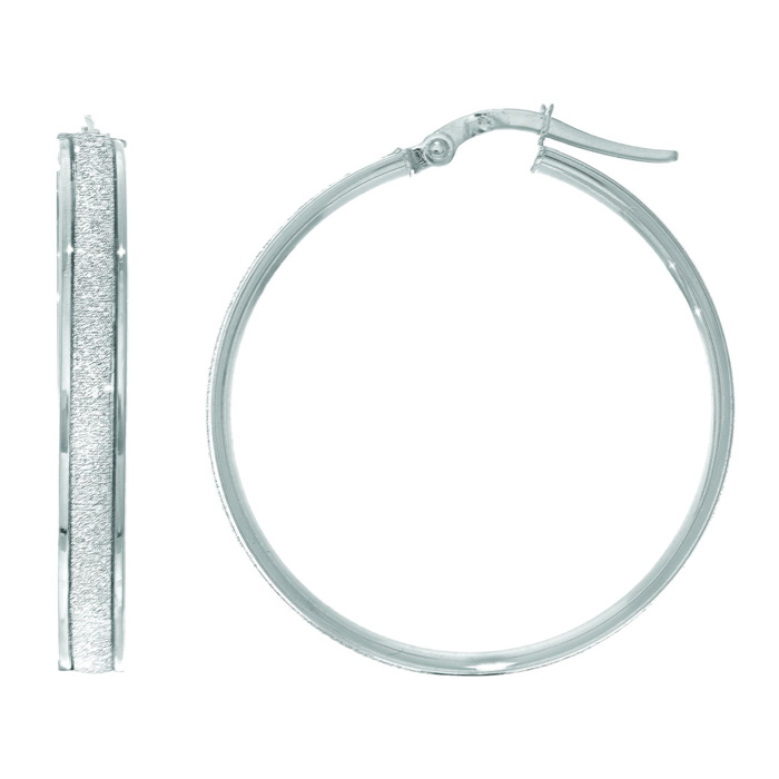 14K White Gold (2.80 g) Polish Finished 28mm Laser Finished Glitter Hoop Earrings w/ Hinge w/ Notched Closure by SuperJeweler