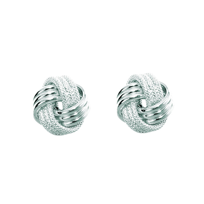 14K White Gold (1.30 G) Polish Finished 9mm Multi-Textured Love Knot Stud Earrings W/ Friction Backs By SuperJeweler