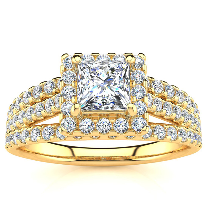 1 Carat Elegant Princess Cut Halo Diamond Engagement Ring in 14K Yellow Gold (4.5 g) (, I1-I2 Clarity Enhanced) by SuperJeweler