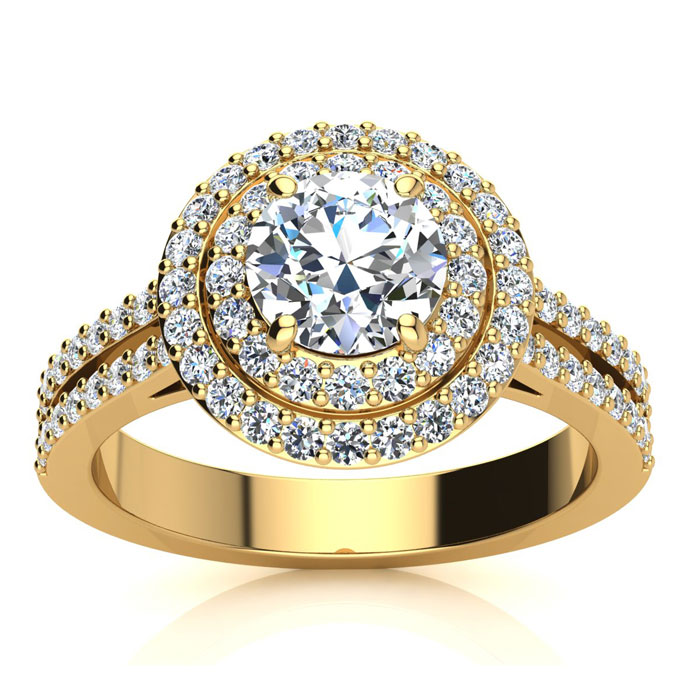 1.5 Carat Double Halo Round Diamond Engagement Ring in 14K Yellow Gold (5.7 g) (, I1-I2 Clarity Enhanced) by SuperJeweler