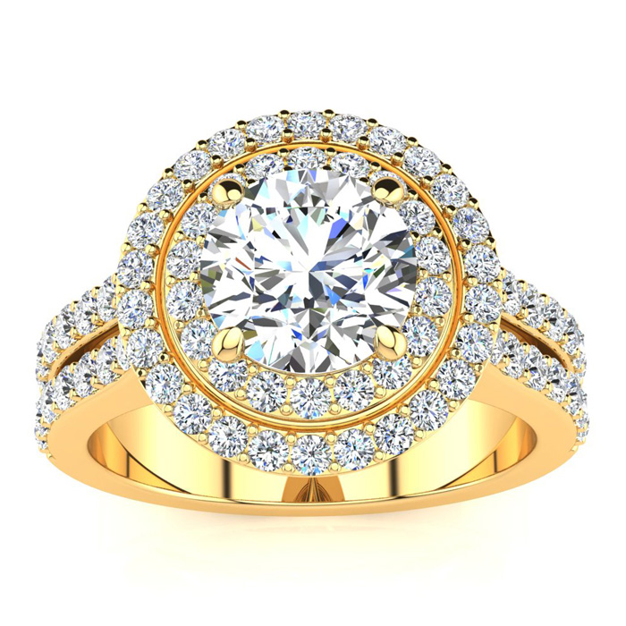 2.5 Carat Double Halo Round Diamond Engagement Ring in 14K Yellow