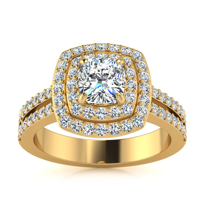 1.5 Carat Double Halo Cushion Cut Diamond Engagement Ring in 14K Yellow Gold (5.7 g) (, I1-I2 Clarity Enhanced) by SuperJeweler