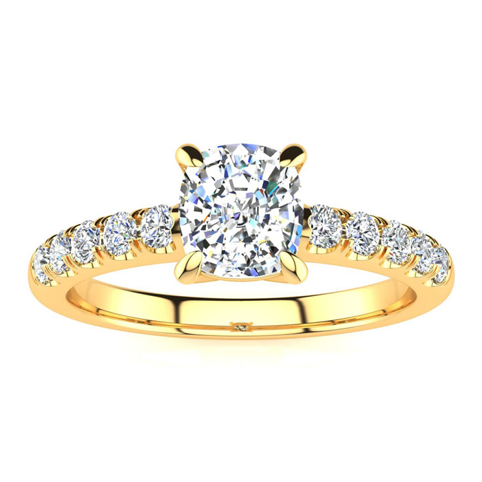 1 1/3 Carat Traditional Diamond Engagement Ring W/ 1 Carat Center Cushion Cut Solitaire In 14K Gold (4.5 G) (I-J, I1-I2 Clarity Enhanced) By