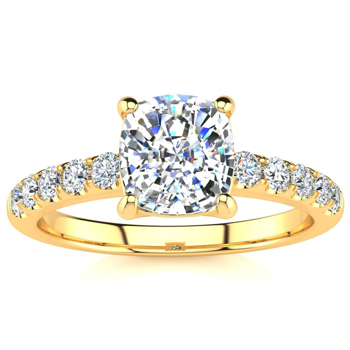 1 3/4 Carat Traditional Diamond Engagement Ring W/ 1.5 Carat Center Cushion Cut Solitaire In 14K Gold (4.5 G) (I-J, I1-I2 Clarity Enhanced) By