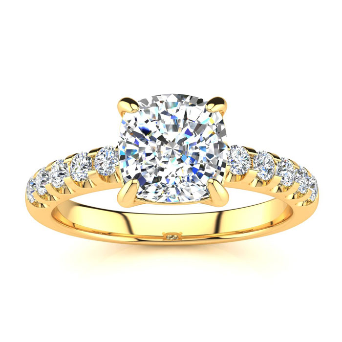 2 1/3 Carat Traditional Diamond Engagement Ring w/ 2 Carat Center Cushion Cut Solitaire in 14K Gold (4.5 g) (