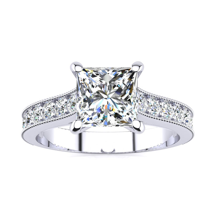 1.5 Carat Diamond Engagement Ring w/ 1 Carat Princess Cut Center Diamond in 14K White Gold (3.7 g) (, I1-I2 Clarity Enhanced) by SuperJeweler