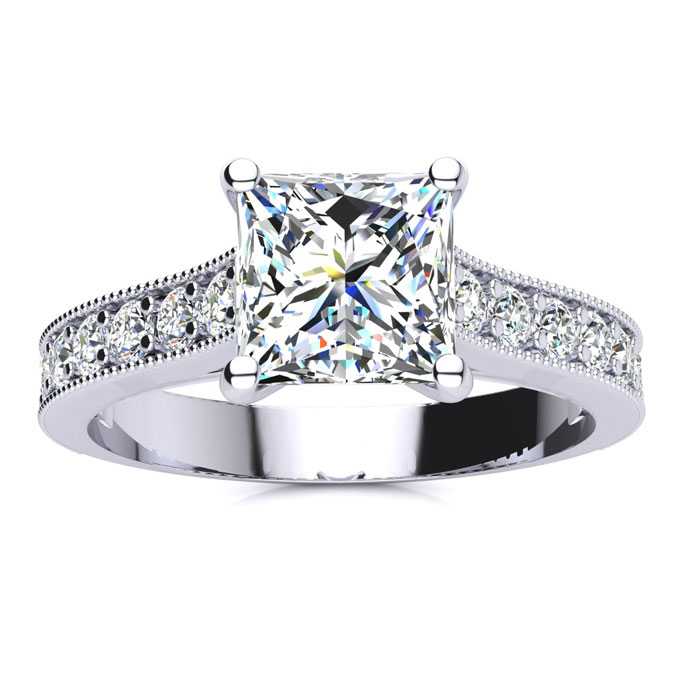2 Carat Diamond Engagement Ring w/ 1.5 Carat Princess Cut Center Diamond in 14K White Gold (4 g) (