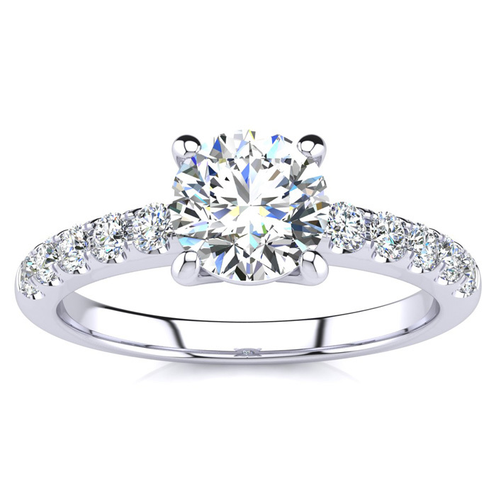 1 1/3 Carat Traditional Diamond Engagement Ring w/ 1 Carat Center Round Solitaire in 14K White Gold (4.5 g) (  I1-I2 Clarity Enhanced)  Size 5.5 by SuperJeweler